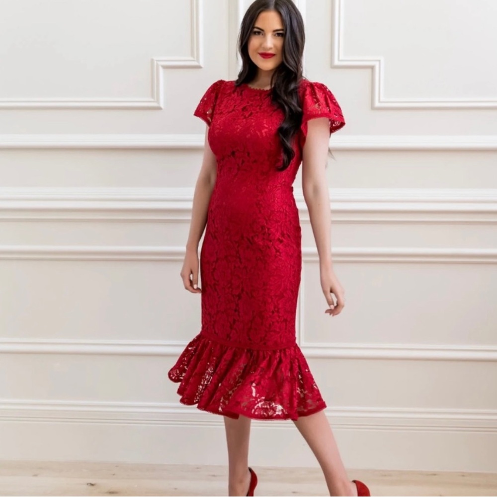 Rachel Parcell Red Lace Ruffle Hem Sheath Midi dress Size Small NWT